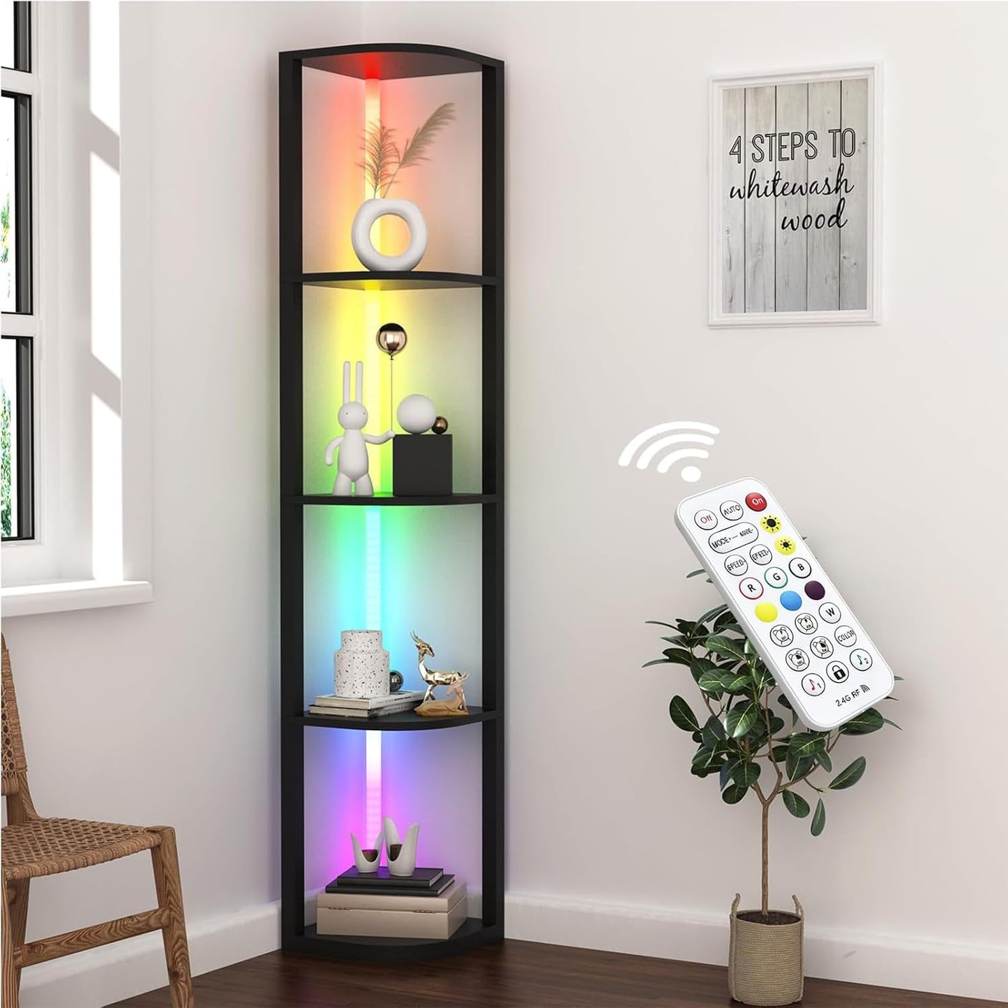 ROJASOP 5 Tiers Corner Shelf with Light Tall Display Shelf for Collectibles Control Multiple Color Lights via APP and Remote Control Floor Lamp with Shelf Supports Dimming for Living Room Bedroom Home