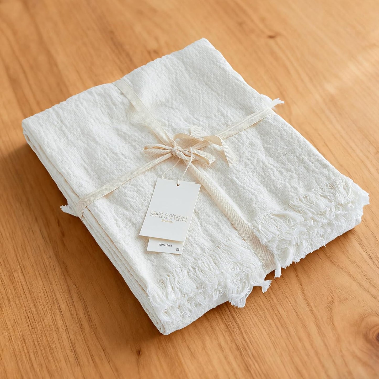 Simple&Opulence 100% Linen Throw Blanket 55x75 inches, Farmhouse Boho Tassel Blanket for Couch, Bed, Sofa, Breathable Natural Cozy Décor, White