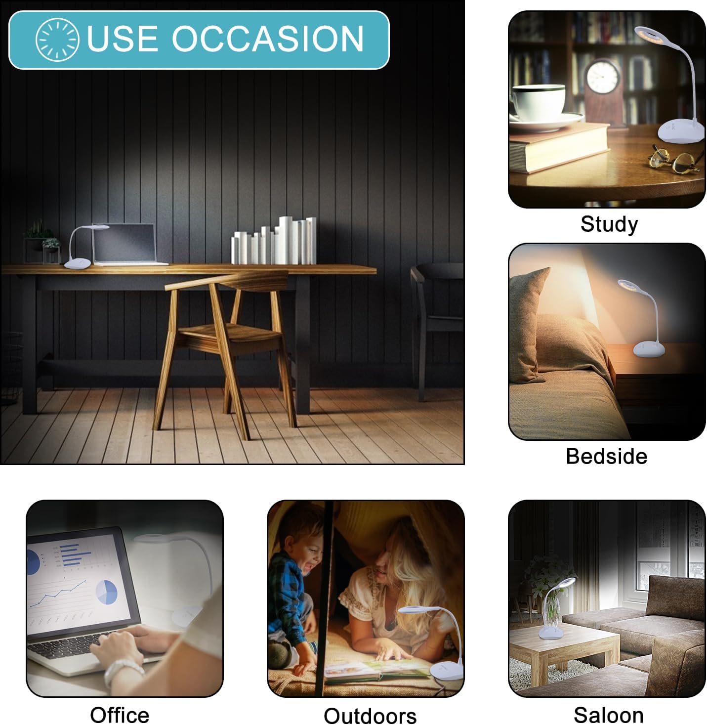 LED Desk Lamp with Flexible Gooseneck, Cordless Rechargeable, 3 Color Modes, Dimmable, Stepless Touch Control, Portable Eye-Caring Table Lamp for Office Home Bedroom, White