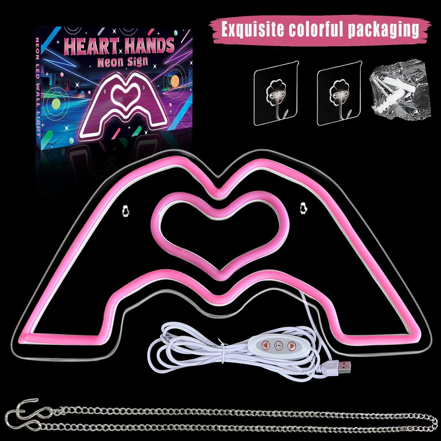 Heart Hands Neon Sign for Singer Fans Merch, Wall Art Decor Neon Signs Led Lights with Dimmable USB Charge for Bedroom Game Room Bar Party, Birthday, Christmas Decor Gifts (Pin/k)