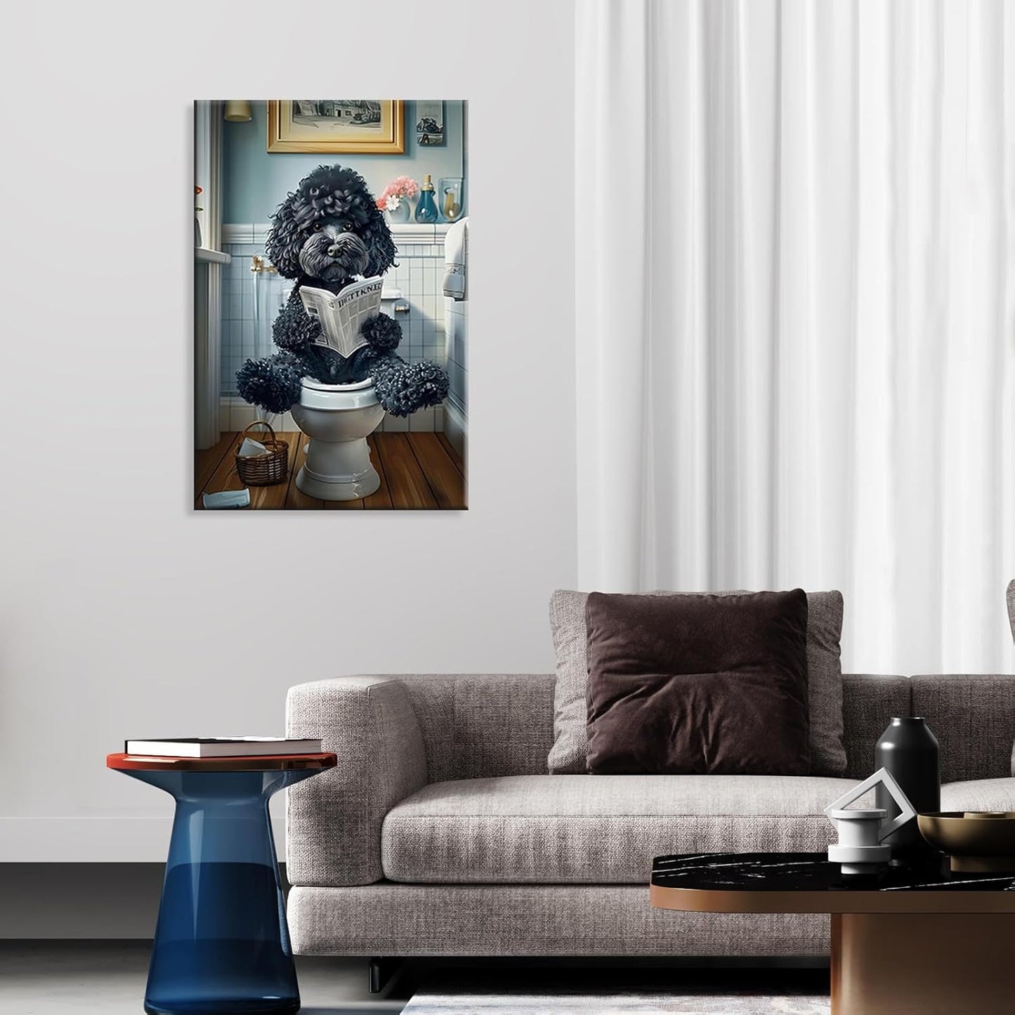 Whimsical Bathroom Canvas Wall Art Cute Black Teddy Dog On Toilet Reading Newspaper Posters Funny Humor Animal Aesthetic Painting For Home Apartment Restroom Wall Decor 12x16in Unframed