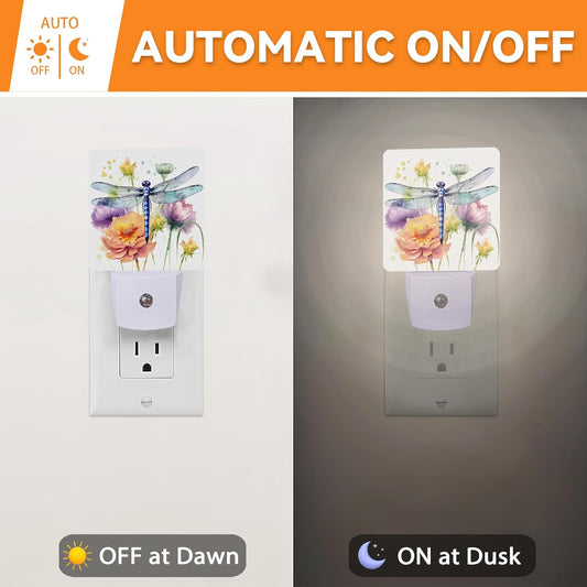 Dragonfly Watercolor Dusk to Dawn Night Light, Auto Sensor Lamp Home Indoor Stairway Kitchen Corridor, Night Lights Plug into Wall Decor, Boys Girls Women Men Room Gifts