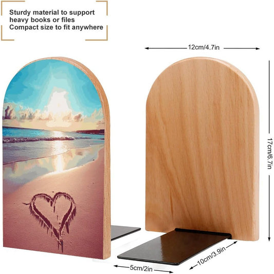 Love Beach Bookend for Shelves Wooden Book End Large Size Sturdy Book Holders Stoppers with Metal Base for Bookshelves Slick Decorative Bookends Stands