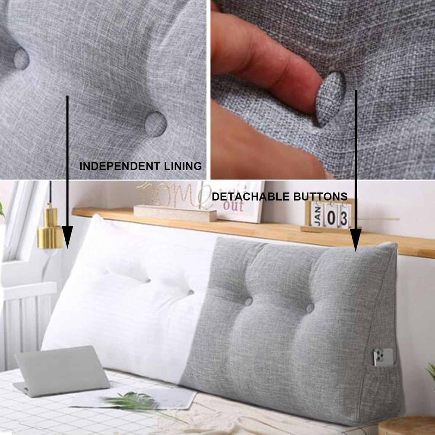 Large Triangular Headboard Pillow Wedge Reading Bed Rest Pillow Linen Cotton Bolster for Daybed Backrest Positioning Support Cushion with Removable Cover