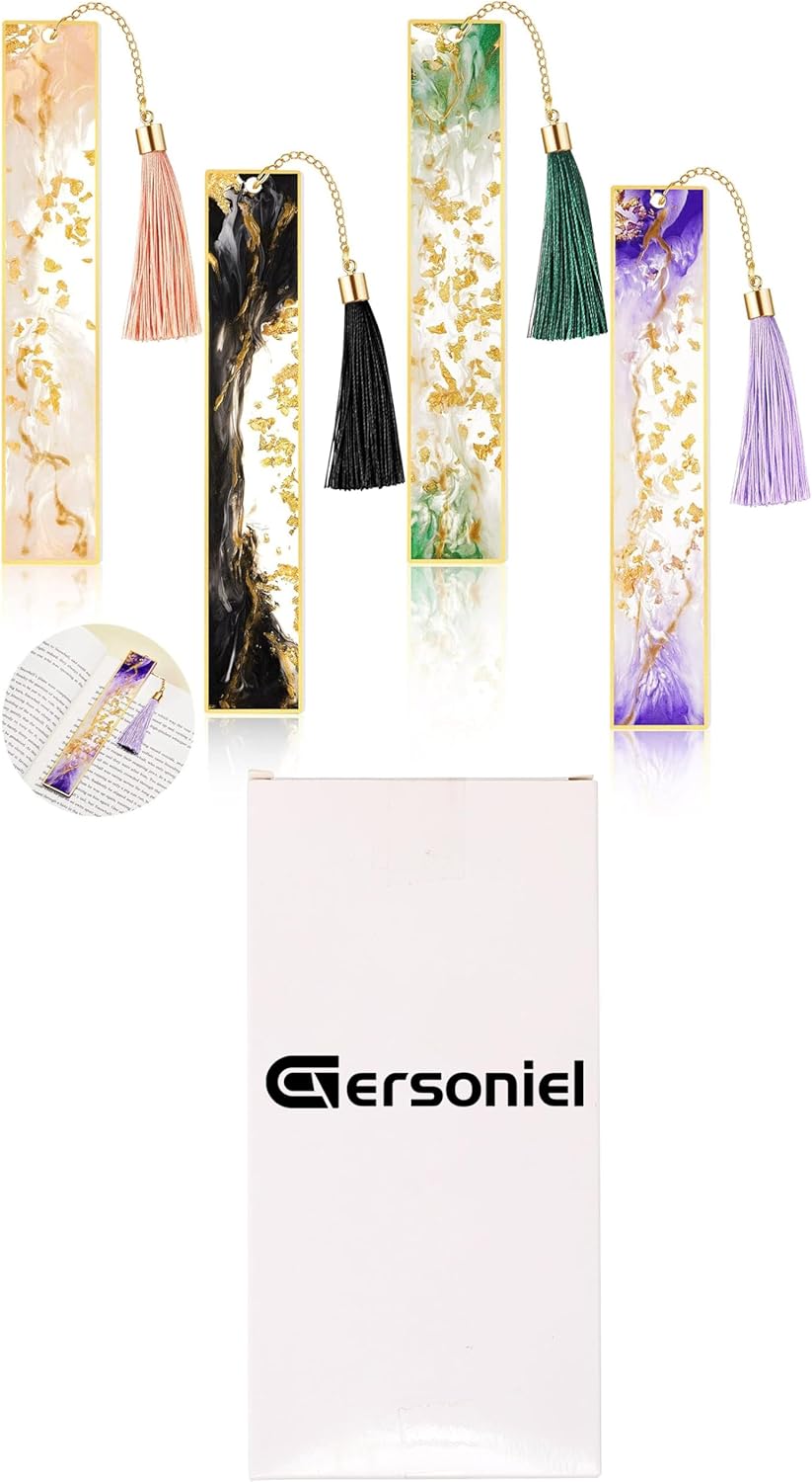4 Pieces Resin Bookmarks Handmade Resin Gilt Bookmarks with Tassels Presents for Women Kids Students Teachers and Book Lovers School Home Reading(Bright Color)