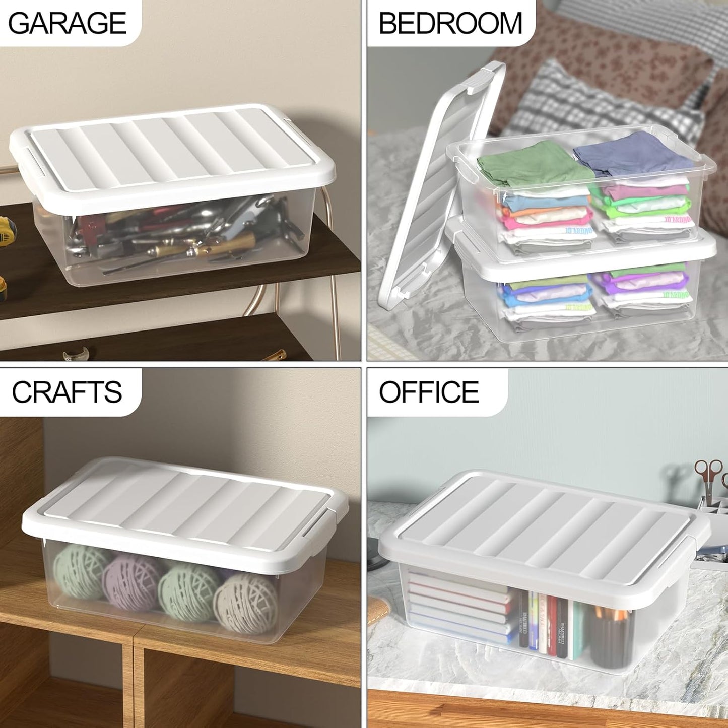 Clear Storage Latch Box 14 Quart, Plastic Organizing Box/Bin with White Lid, 2-Pack