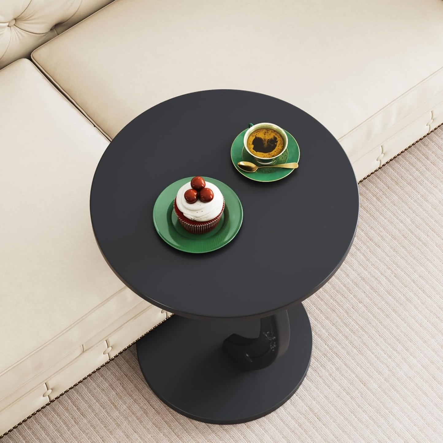 C-Shaped Solid Wood Round End Table - Side Table for Couch, Sofa Tables Slide Under Couch for Living Room, Small Nightstand for Small Space, Black