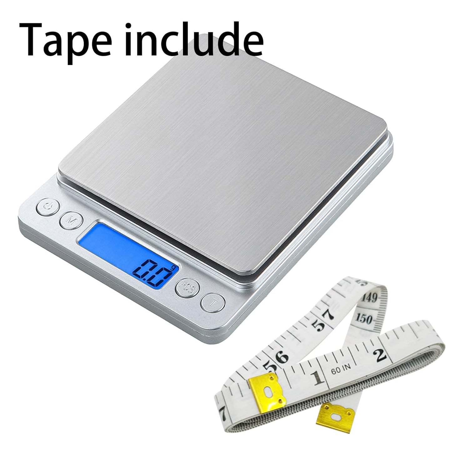 Small Digital Scale,3kg/0.1g,6.6lb,Kitchen Scale,Food Scale,with Blue Backlit LCD Display, 6 Units, Auto Off, Tare, PCS Function, Stainless Steel, Battery Included,Soft Tape Included(150cm)