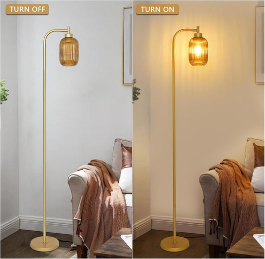 Glass Floor Lamps for Living Room, Vintage Gold Standing Lamp with LED Bulb, Amber Stripe Glass Shade, Foot Switch, Mid Century Modern Brass Tall Corner Lamp for Bedroom Office Reading Room