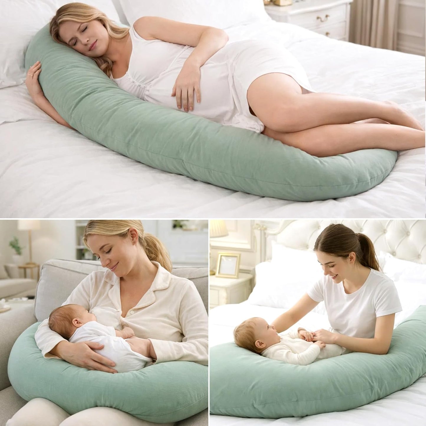 Pregnancy Pillow for Side Sleeping, 74 Inch C Shaped Long Body Pillow, Sleep Bolster Pillow, Maternity Body Pillow with Removable Cover, Soft and Supportive, Light Green