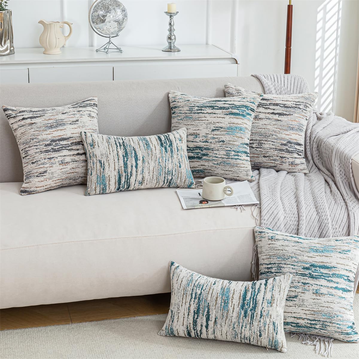 Lumbar Pillow Covers 12x20 Inch Set of 2 - Chenille & Jacquard Textured Cushion Covers with Abstract Striped Design - Modern Coastal Decor in Cream Beige & Teal Ombre