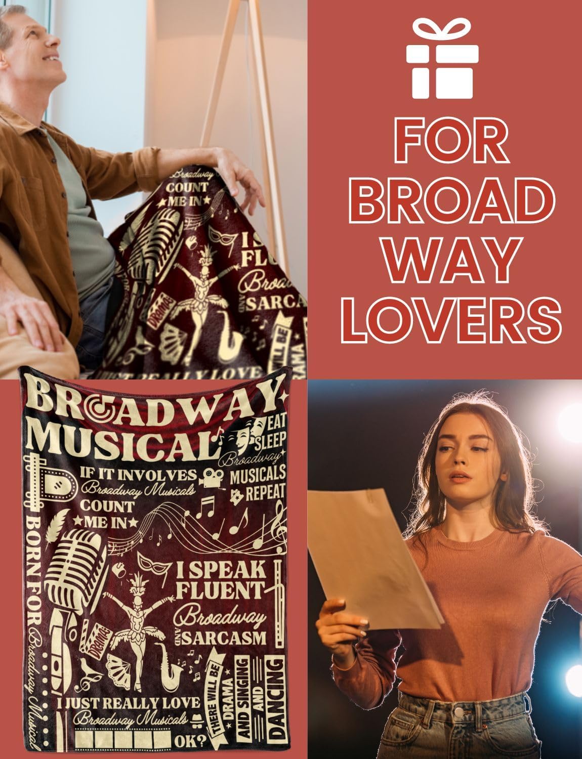 Broadway Musical Gifts, Broadway Blanket for Theater Lovers, Broadway Musicals Lovers, Women, Actors, Actresses, Directors, Perfect for Birthday/Christmas 50x65 Inches