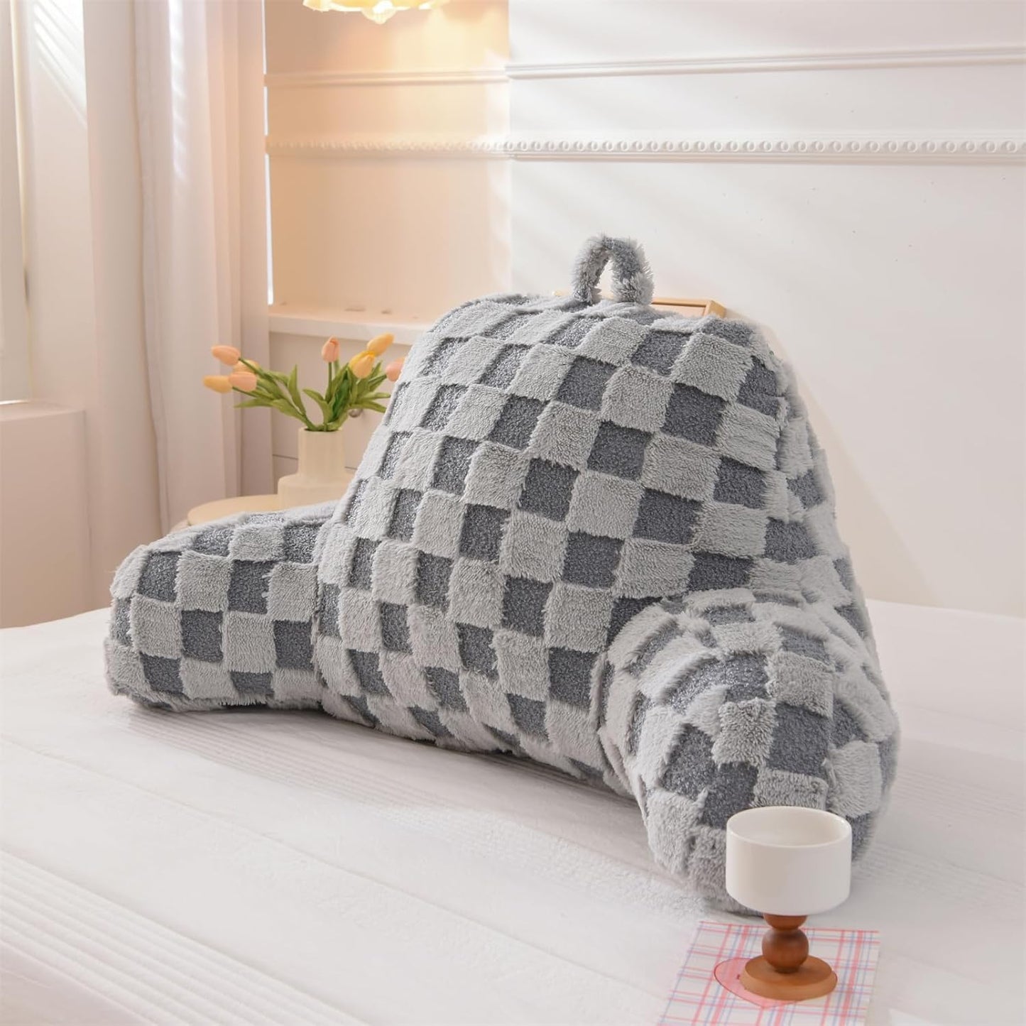 Wedge Reading Pillow with Arms — Large, Checkered, Back Support for Bed Sitting