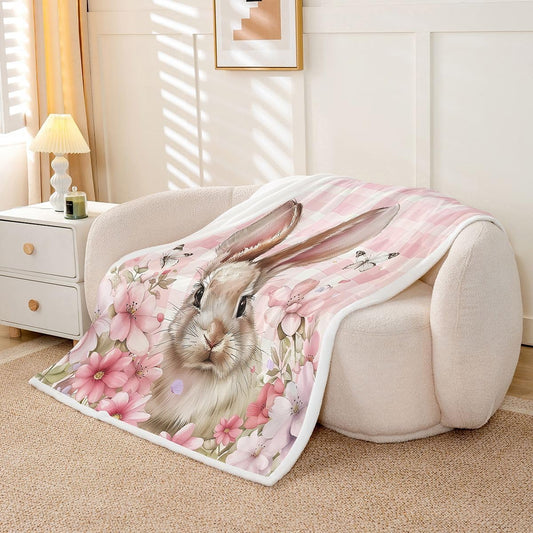 Feelyou Cute Rabbit Throw Blanket Cartoon Bunny Soft Fleece Sherpa Cozy Fuzzy Plush Warm Flower Floral Fuzzy Plush Throw Pink Plaid Baby 30"x40" for Bed Couch Living Room