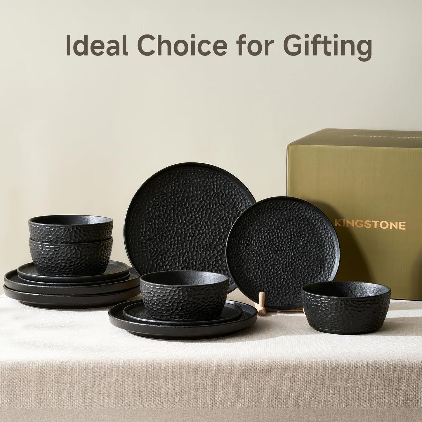 KINGSTONE Ceramic Dinnerware Set, 18-Piece Porcelain Plates and Bowls Set for 6, Matte Black or White, Hammered Texture, Microwave, Dishwasher & Oven Safe, Perfect for Home, Weddings & Gifts