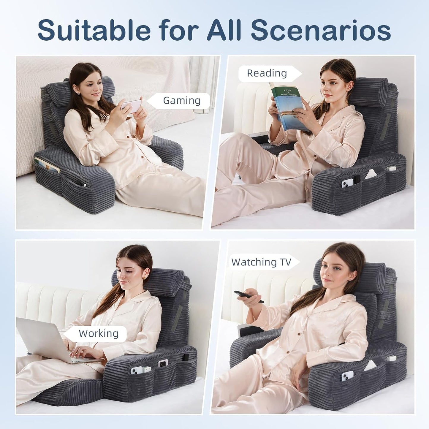 Vekkia Adjustable Reading Pillow & Back Pillow with Backrest – Zoned Multi-Density Foam for Targeted Support, XL Side Pockets – Bed Chair for Reading, Gaming, Relaxing & Post-Surgery Recovery