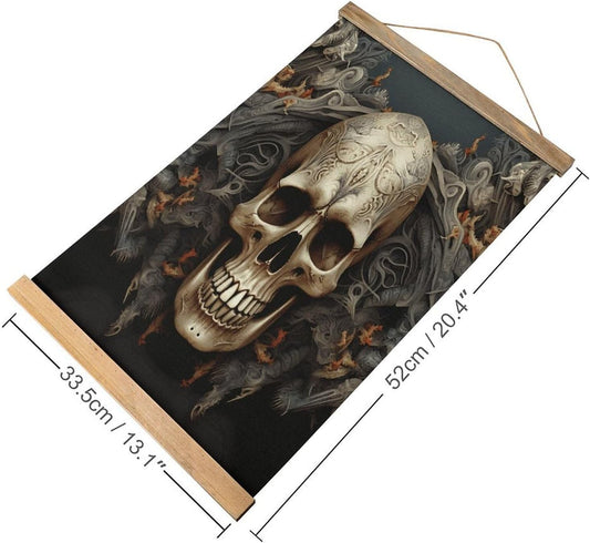Vintage Skulls Poster with Wooden Frame Personalized Linen Hanging Scroll Painting Rustic Wall Hanging Illustrative Modern Artwork Decor for Home Living Room Bedroom Office