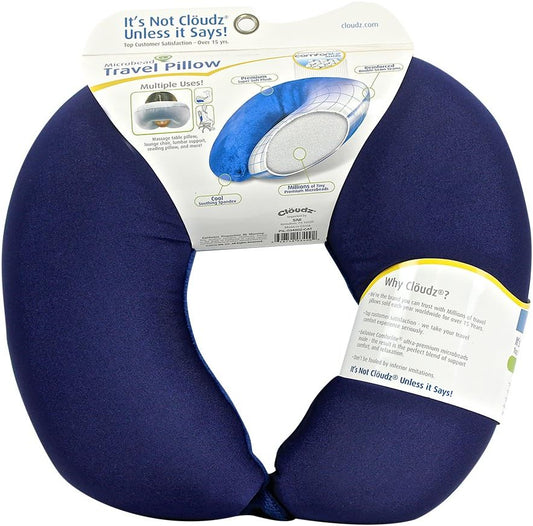 Cloudz Dual Comfort Microbead Airplane Travel Neck Pillow. Super Soft Cozy Plush Fabric on One Side, Cool Relaxing Spandex on The Other! Customize Your Comfort and Support at Home or On The Go!- Blue