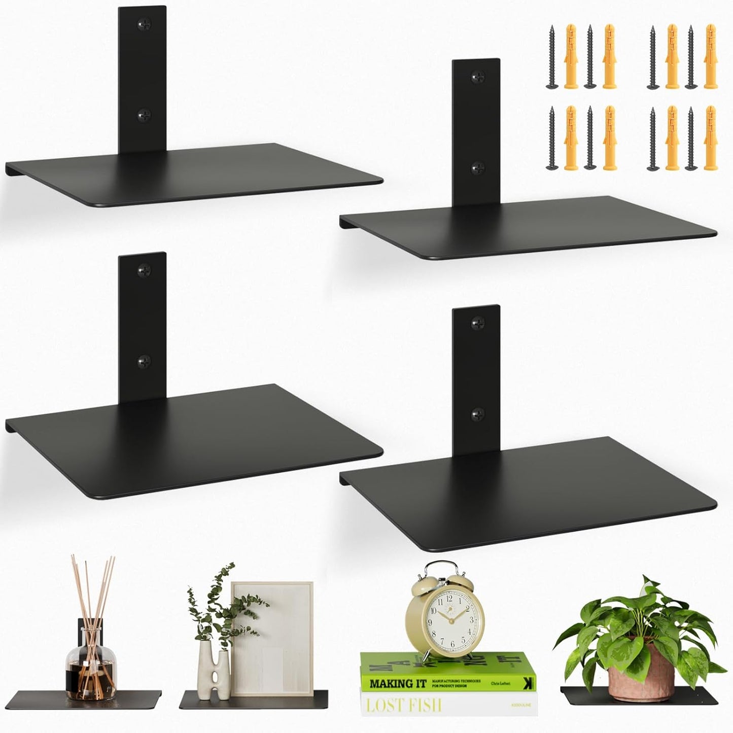 Invisible Bookshelf, Floating Book Shelves for Wall, Heavy Duty Wall Mounted Bookshelf for Storage, Hidden Book Organizer, Vertical Spine Shelf for Home and Office, 4 Pack, Black