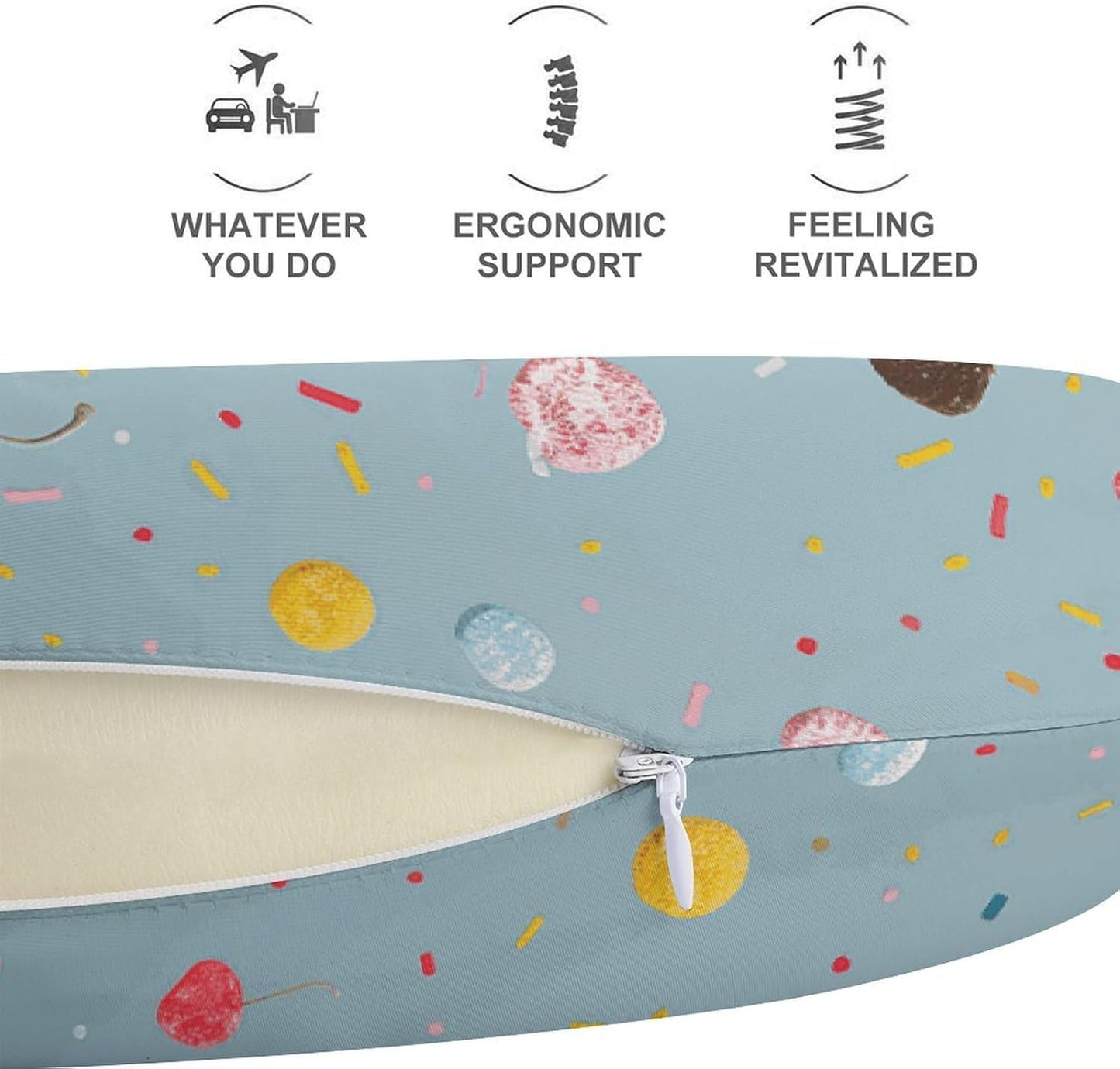 Sweet Ice Cream Neck Pillow Memory Foam U Shaped Pillows Portable Pillows for Shoulder Travel Head Support Pillow with Concealed Zipper for Airplane Car Home Office