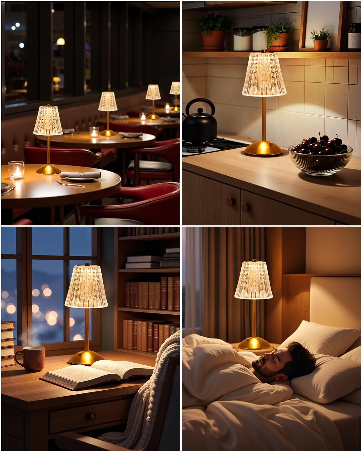 Cordless Touch Table Lamp, 3500mAh LED Rechargeable Small Dask Lamp, 3 Colors Dimmable Battery Operated Crysta Lamp for Bedroom Restaurant Kitchen Home Decor, Gold