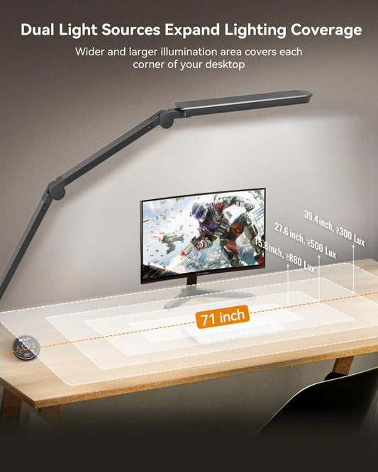 LED Desk Lamp with Clamp, Architect Desk Lamp with Remote, Flexible Swing Arm Desk Light with Dual LED Light, Stepless Dimming, 5 Color Mode & 4 Brightness for Sewing Painting Drafting Crafting