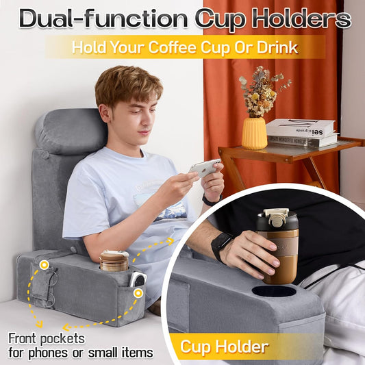 MOON PINE Reading Pillow for Adults, Memory Foam Backrest with Detachable Arms - Bed Pillow for Sitting Up, Built-in Cup Holder & Phone Pocket (Gray, 21 inch)