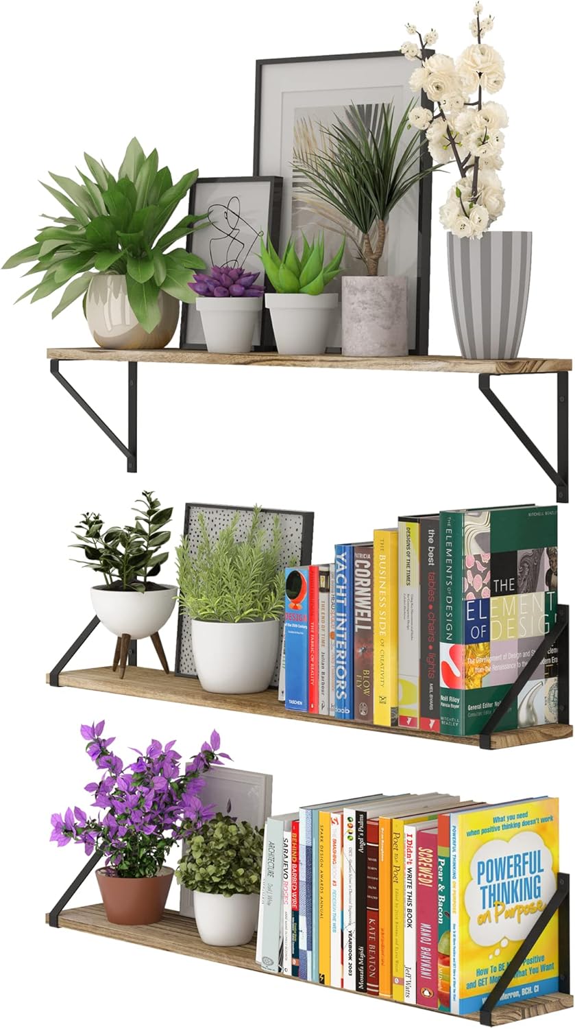 Wallniture Bora 36 Inch Large Floating Shelves for Wall Storage, Floating Bookshelf Set of 3, Burned Wood Wall Shelves for Books