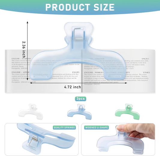 3 Pcs Book Page Holder, 4.72" Widened Transparent Page Holder for Books, Notebooks - Non-Slip Hands, Free Reading for Home, Office, School, Portable & Lightweight Bookmark Clip