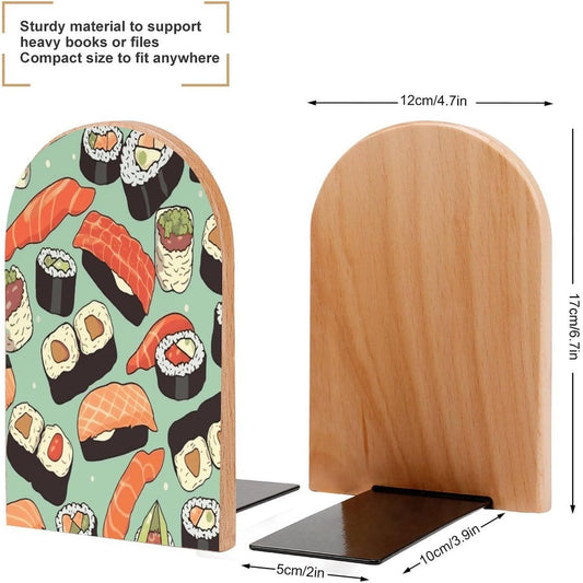 Non-Slip Bookend for Shelves Sushi Food Pattern Wooden Bookends with Metal Base Decorative Book Stopper for Home Heavy Duty Wood Book Storage for Books/CDs