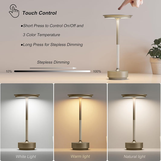 1 Pack Rechargeable Table Lamps Cordless, Portable 5000mAh Outdoor Table Light, 3 Color Stepless Dimming LED Table Lamp with Memory Function, for Home/Dinner/Patio/Restaurant.(Champagne Gold)