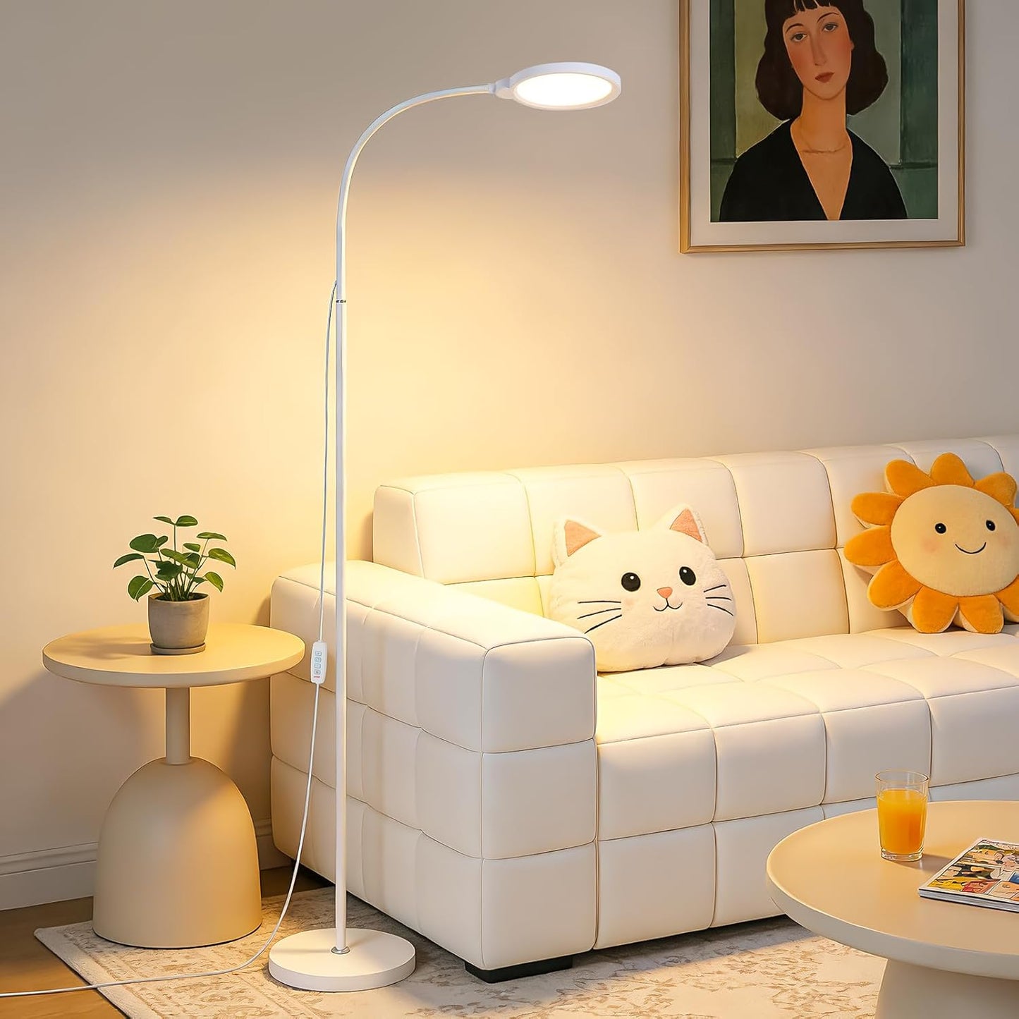 White Modern Bright LED Floor Lamp Adjustable Gooseneck Standing Lamp with Dimmer & Color Temperature, for Living Room,Kids Bedroom,Office, Nursery Library Desk Reading Light, Eyelash Makeup light