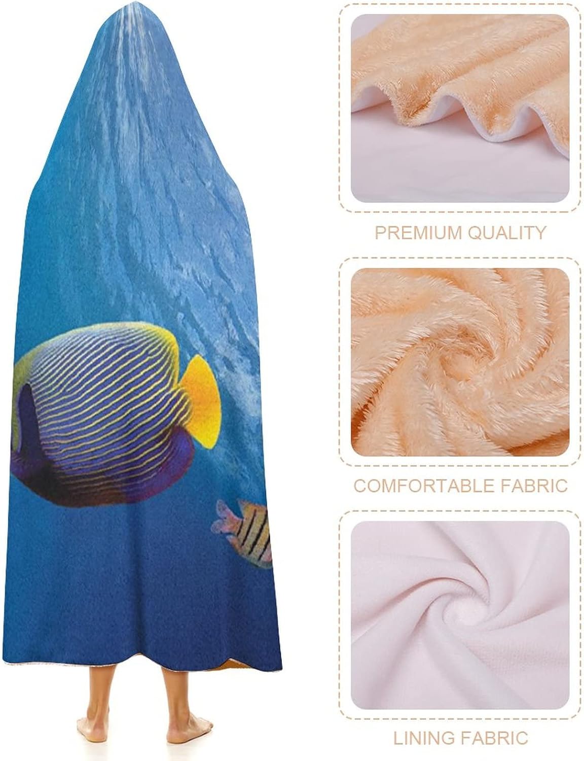Throw Blankets, Under The Sea Women Men Hooded Blanket, Tropical Emperor Long Living Angelfish in Underwater, Soft Warm Cozy, 50 x 60inches, Studying Reading Snuggling Napping Office, Blue