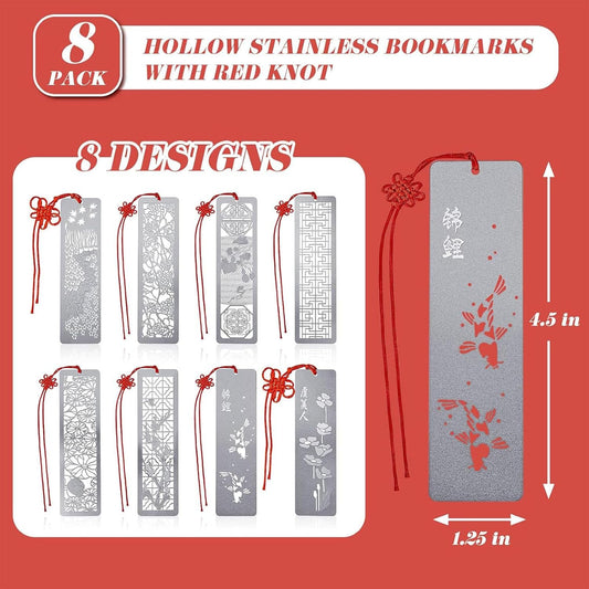 Outus 8 Pcs Hollow Metal Bookmarks Elegant Silver Gifts Classic Metal Hollow Chinese Page Marker for Women Men Stainless Steel Bookmark with Red Flower Knot
