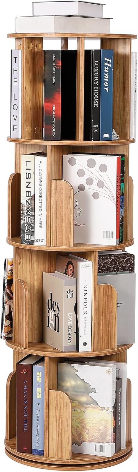 4 Tier Rotating Bookshelf, Compact Corner Bookcase for Small Spaces 360° Display Wood Spinning Storage Organizer for Bedroom, Living Room, and Kids' Rooms Wood