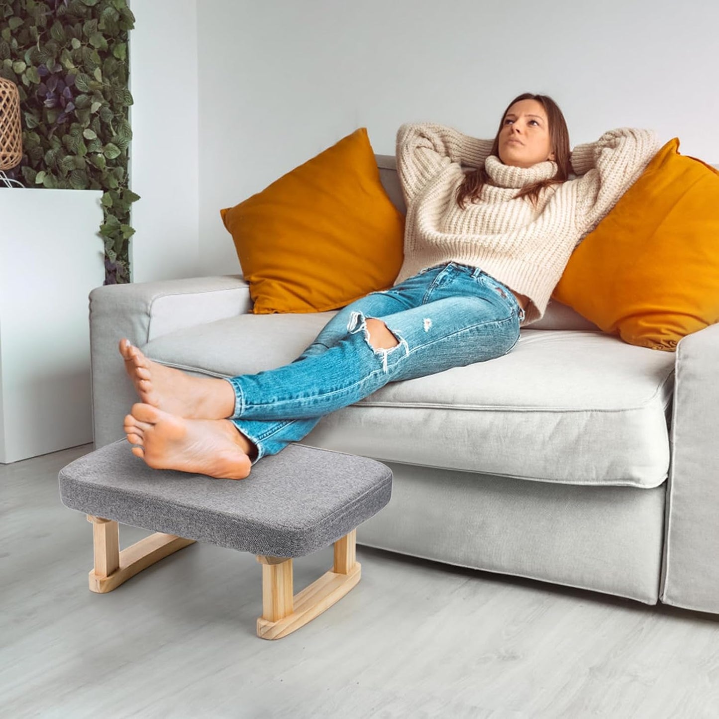 Lawei Small Footstool Ottoman, Rectangle Fabric Foot Stool Rest with Wooden Legs and Non-Slip Soft Padding, Modern Footstools Step for Couch, Desk, Office, Living Room, Bedroom, Entryway, Dogs, Gray