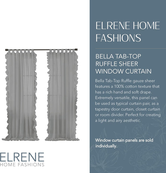 Elrene Home Fashions Bella French Country Cottage Core Tab-Top Ruffle Sheer Window Curtain, 52 in x 84 in (1 Panel), Charcoal