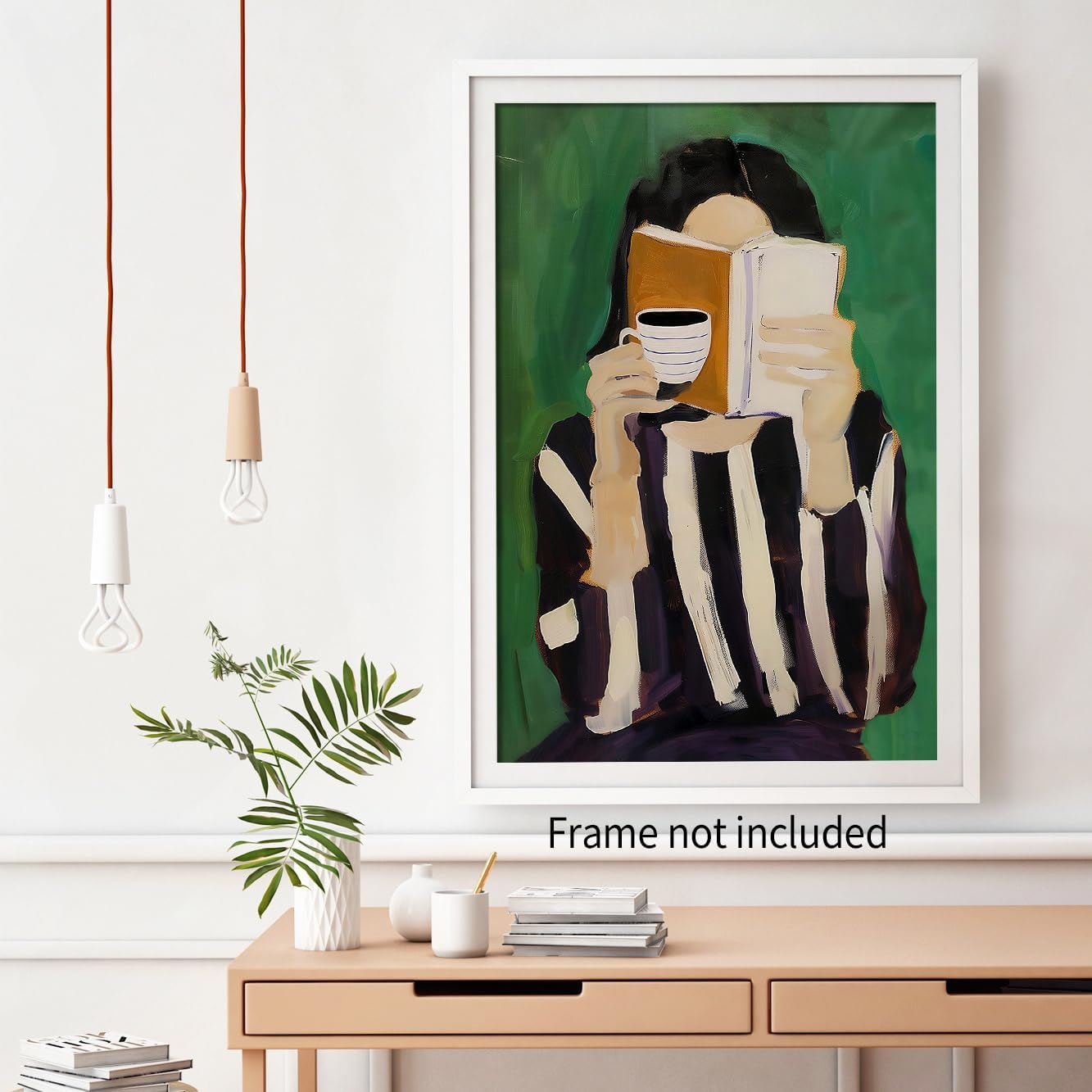 Emerald Green Reading Woman Wall Art Modern Abstract Female Portrait Poster Minimalist Coffee & Book Canvas Prints for Dormitory Apartment Bedroom Wall Decor 12X16 inch Unframed
