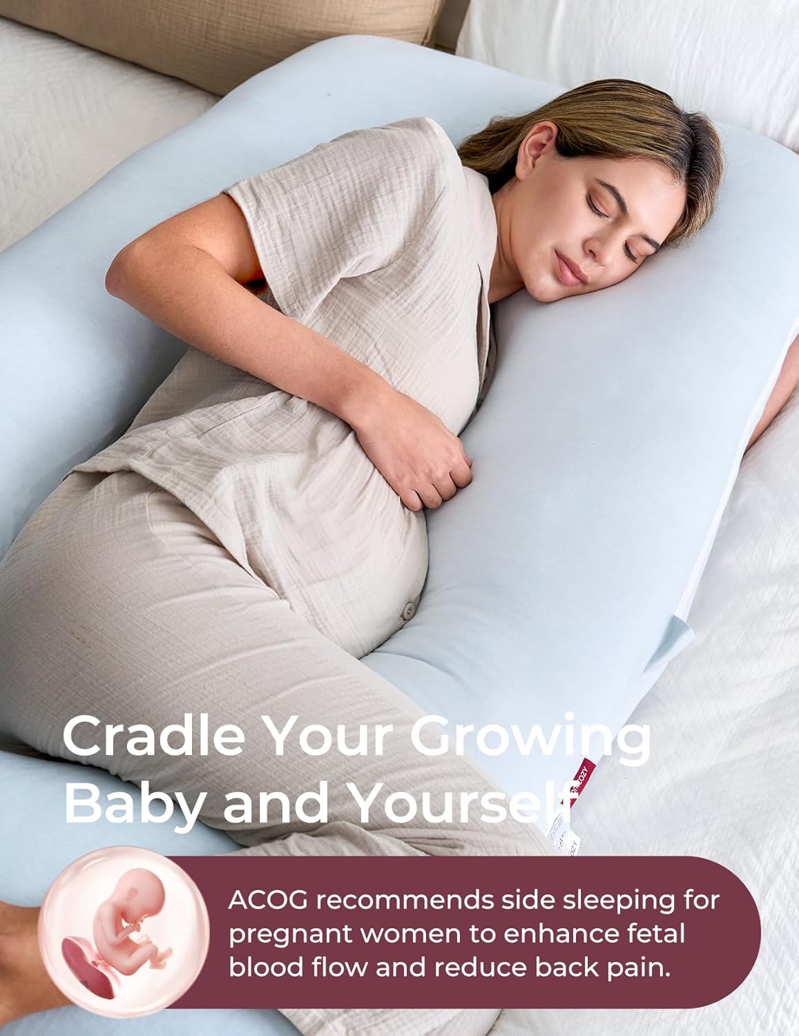 Momcozy Pregnancy Pillows for Sleeping, U Shaped Full Body Pillow for Pregnancy Women with Removable Jersey Cotton Cover, 57 Inch Maternity Pillow, Light Blue