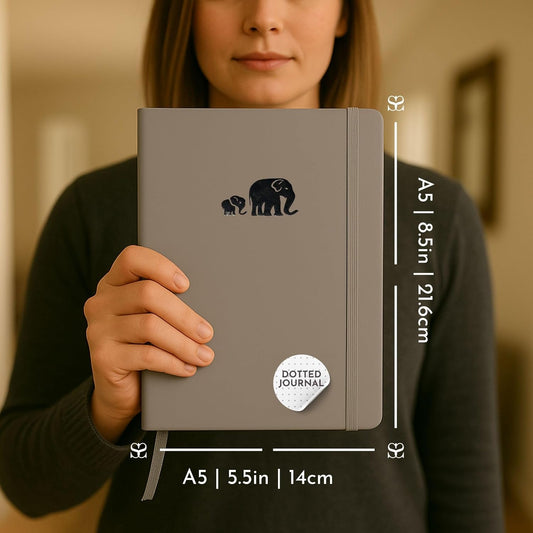 SETTINI Dotted Journal, Ideal for Bullet Journaling - A5 Vegan Leather Notebook, 192 Archival-Quality Pages, QuillEase Bleed-Free Paper, Inner Pocket & Bookmark - Elephant Gifts, Grey Elephants