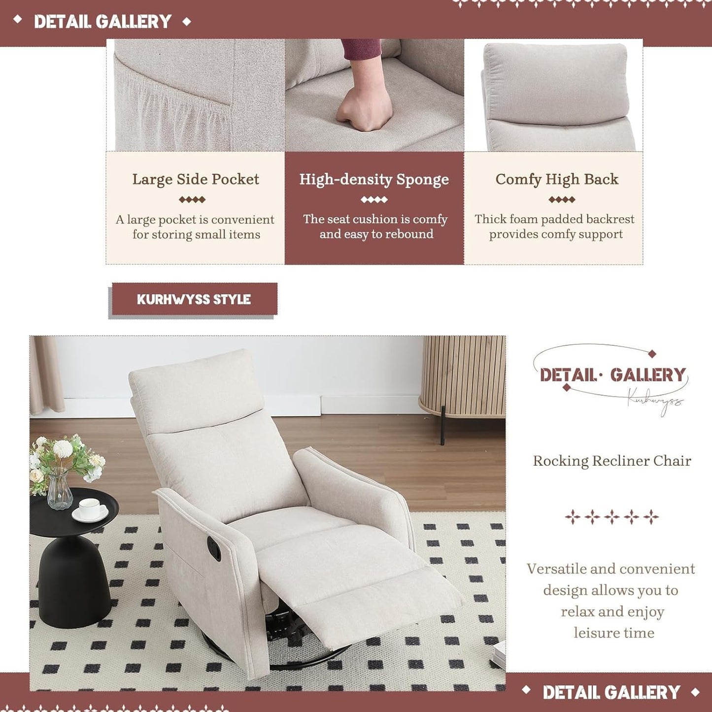 Rocking Recliner Chair with Heat and Massage Modern 360 Swivel Glider Chairs Reclining Backrest and Footrest for Adults Bedroom Living Room Office