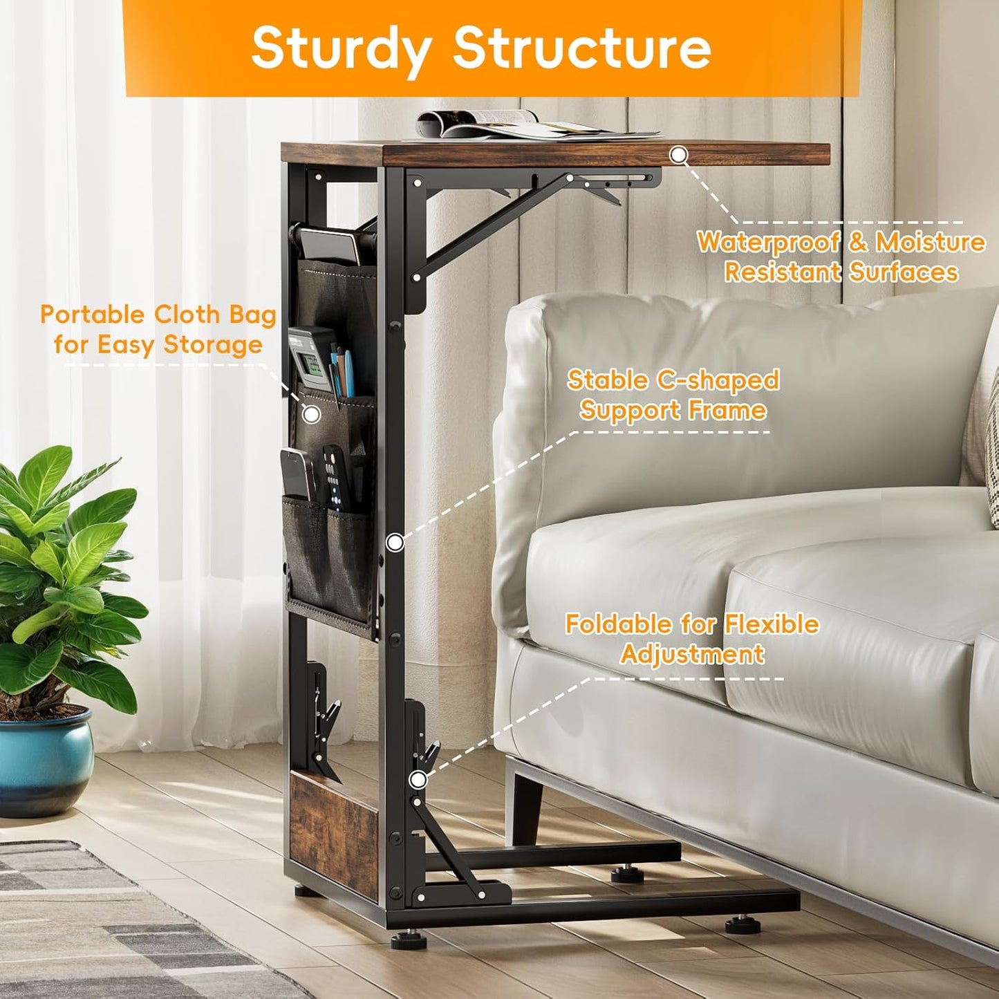 Folding TV Tray Table, Small Folding Side Table with Storage Bag, Portable C Shaped End Stand for Couch Sofa Bed, Rustic Brown