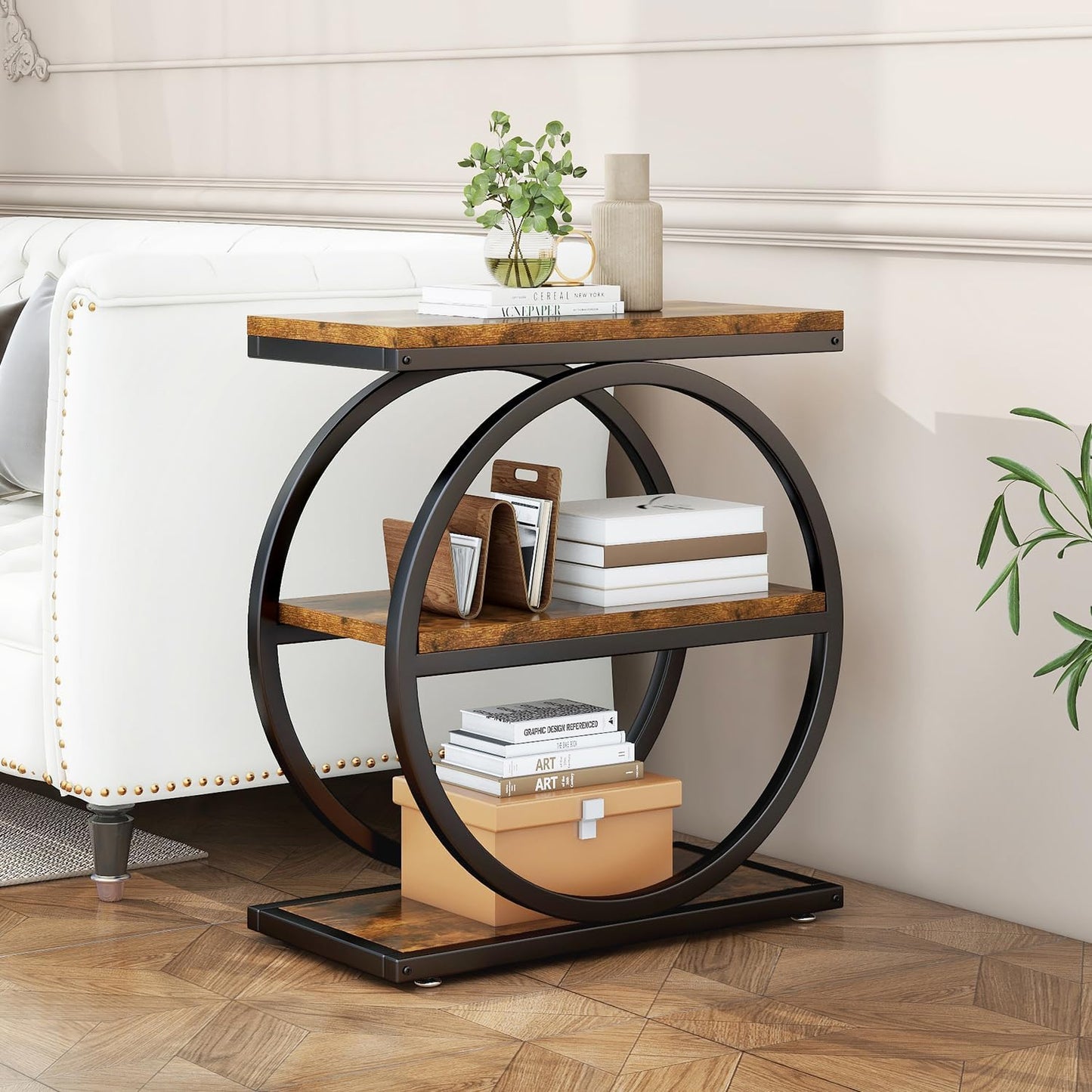 IBUYKE Narrow End Table with 3 Storage Shelves, Industrial Sofa Side Table, Double Round Metal Frames, Slim Nightstand and Bedside Table for Bedroom, Living Room, Rustic Brown UTMJ418H