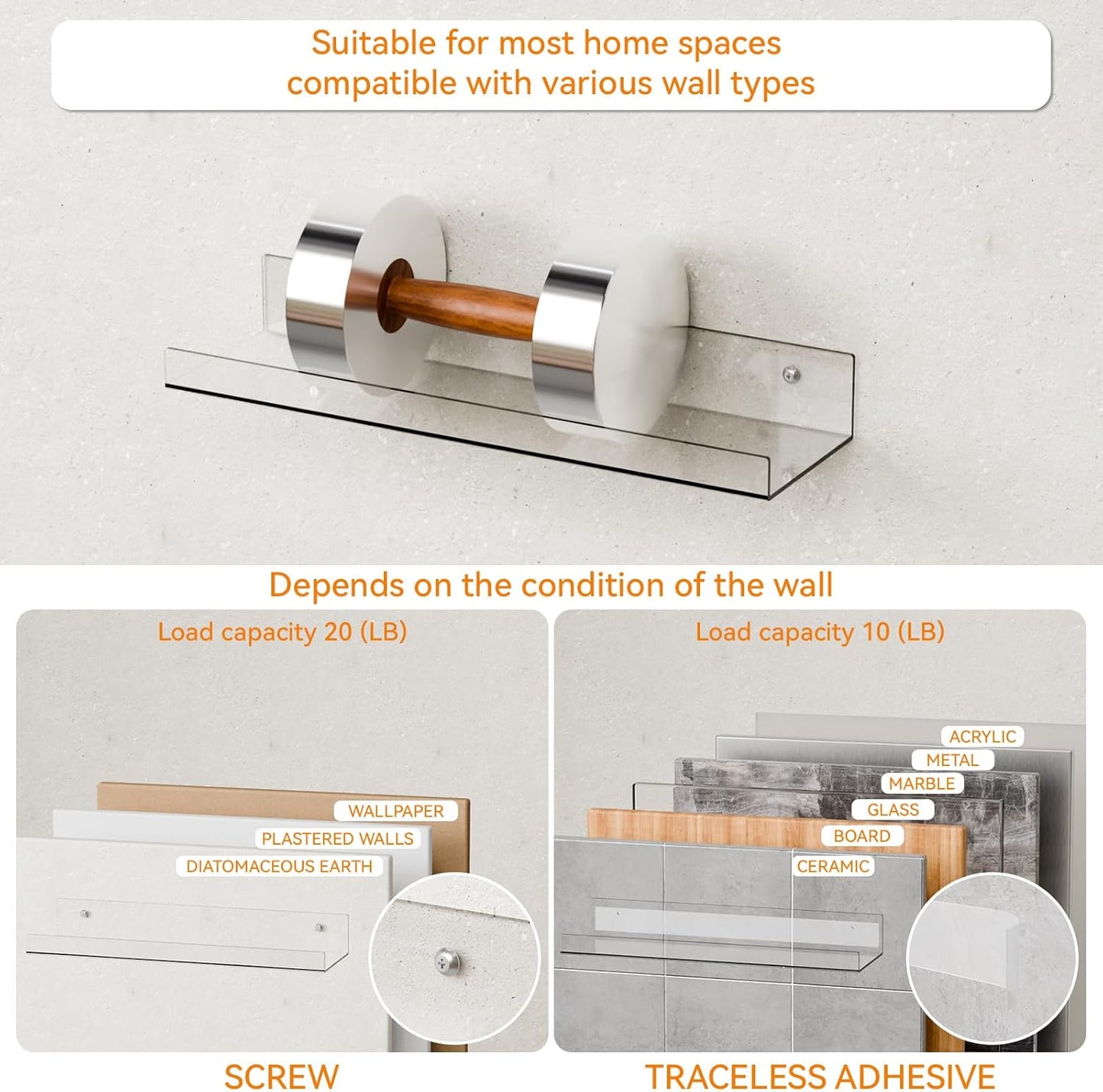 6 Pack Clear Acrylic Shelves for Wall with Adhesive,15 Inch No Drill Floating Shelves for Bathroom,Bedroom,Renter Friendly,Kids Room Bookshelf,Wall Display Shelf for Lego,Funko Pop,Figurine,Perfume