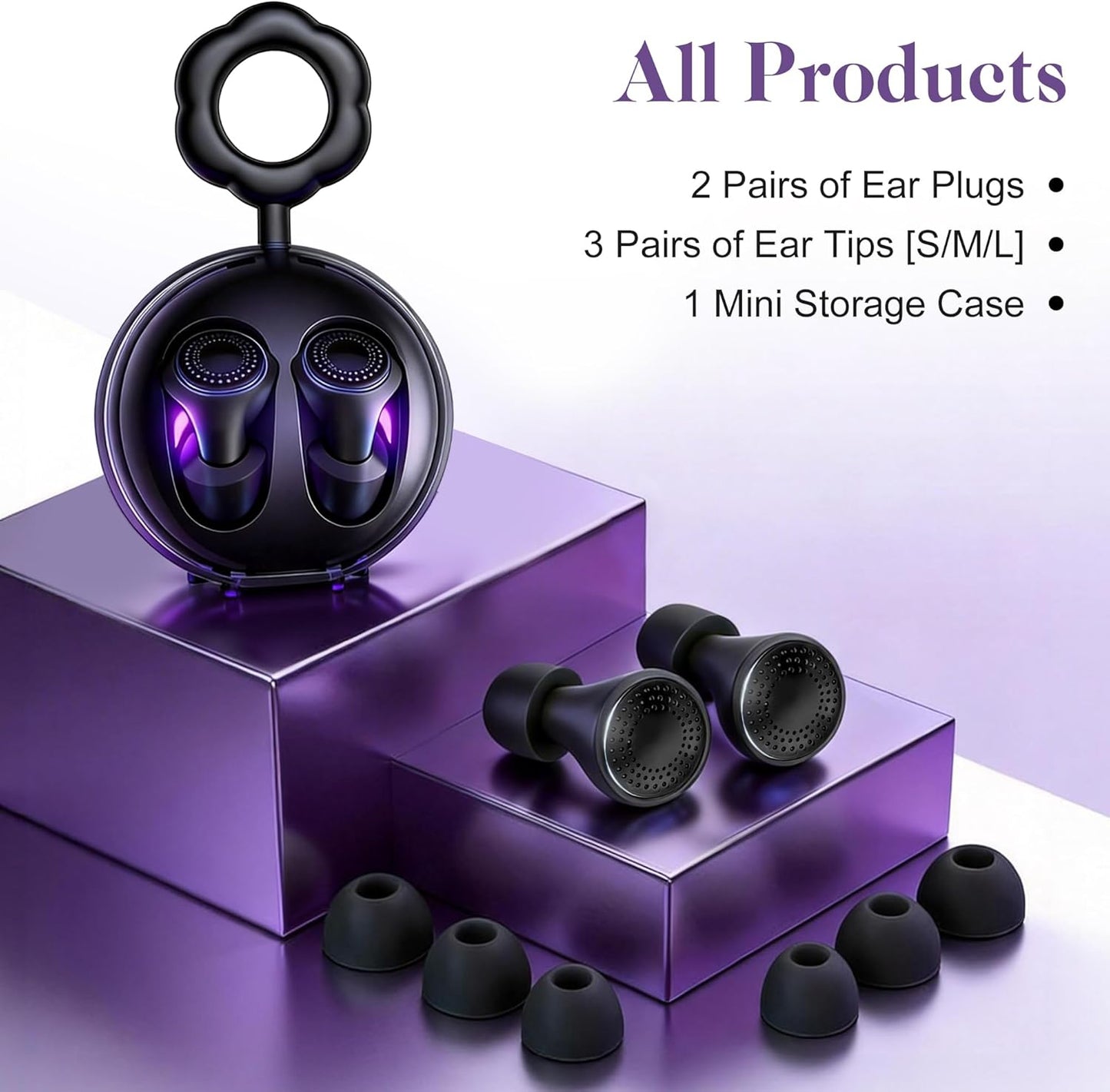 Ear Plugs for Noise Cancelling - Reusable Silicone Ear Plugs with Clean Lamp Casefor Studying, Reading and Focus - 8 Tips Included (Black)