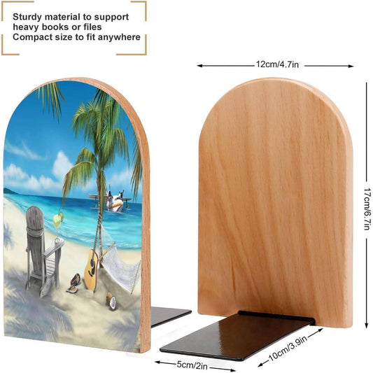 Guitar on The Beach Wooden Bookend Non-Slip Book Ends Heavy Duty Book Stopper with Metal Base Books Holderd Decorative Bookends Stands Firmly for Office Supplies