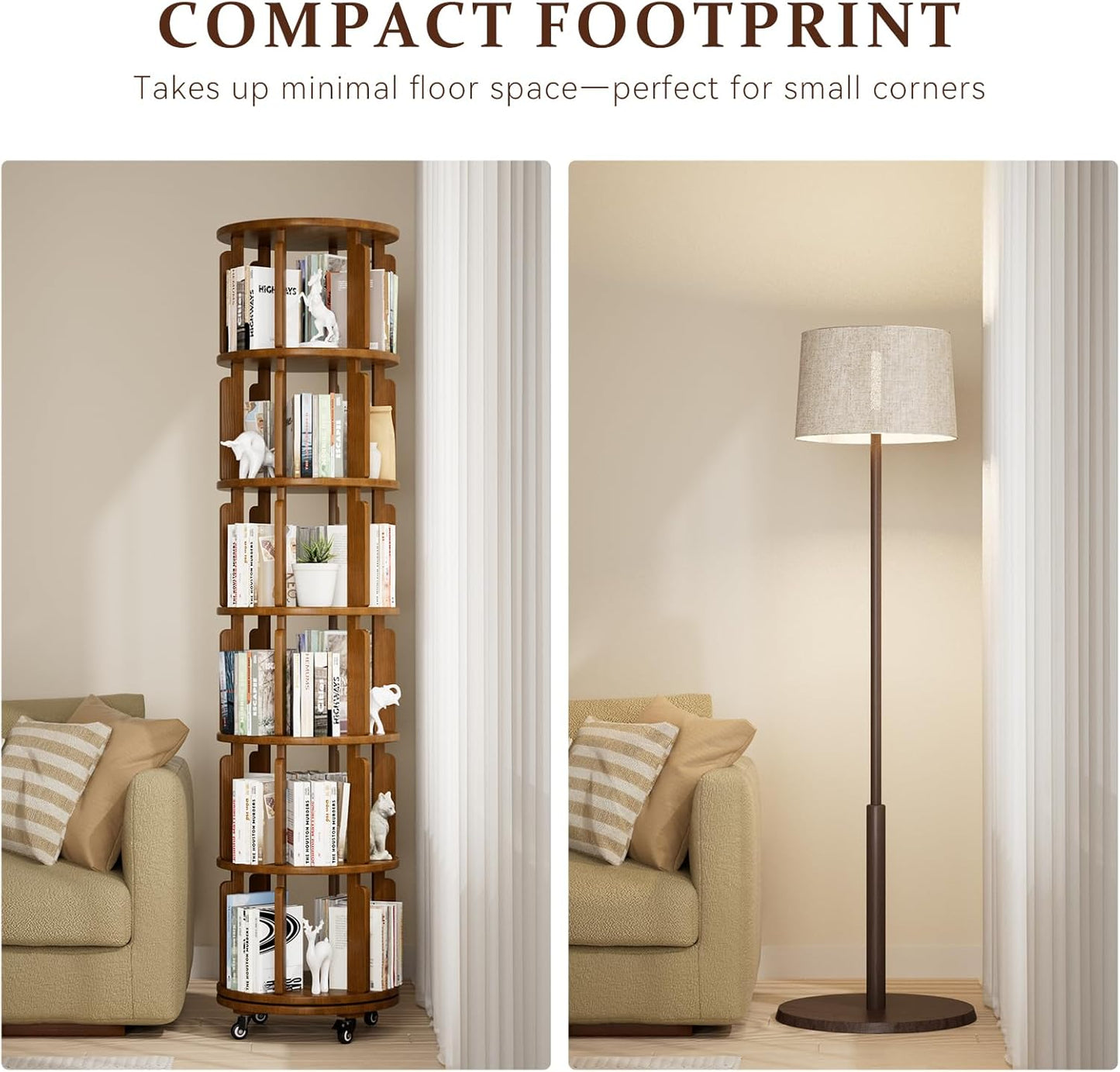 6 Tier Rotating Bookshelf Tower, 360° Spinning Bookcase with Wheels, Solid Wood Round Revolving Shelf for Living Room, Office, Small Spaces, Ergonomic Design for Kids & Adults