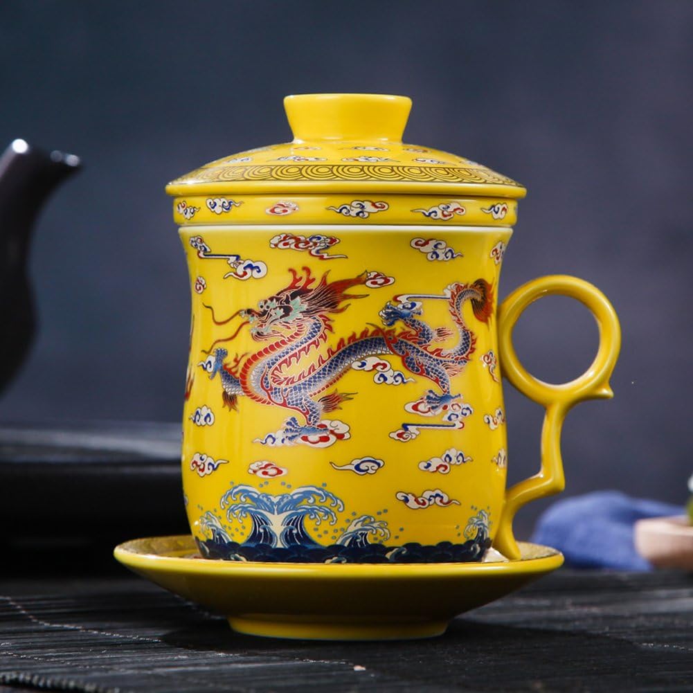 Porcelain Tea Cup with Infuser Lid and Saucer Sets - Chinese Jingdezhen Ceramics Coffee Mug Teacup Loose Leaf Tea Brewing System for Home Office