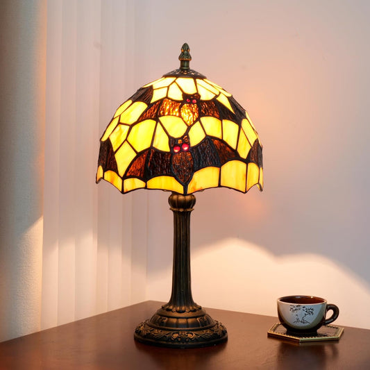 Tiffany Black Bat Stained Glass Table Lamp Handmade Bedside Table Night Unique Cute Accent Nightstand Light Antique Art Craft Gifts Lamp for Home Office Dormitory Bar Decorate