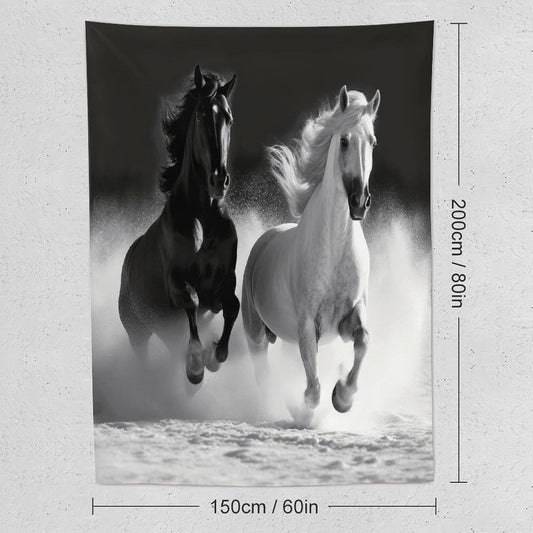 FodPand Black And White Horses Running Tapestry Anti-fading Wall Tapestry with Installation Kit Backdrop Banner Multipurpose Aesthetic Tapestries Boho Wall Art Hanging Decorative Blanket 60"x80"